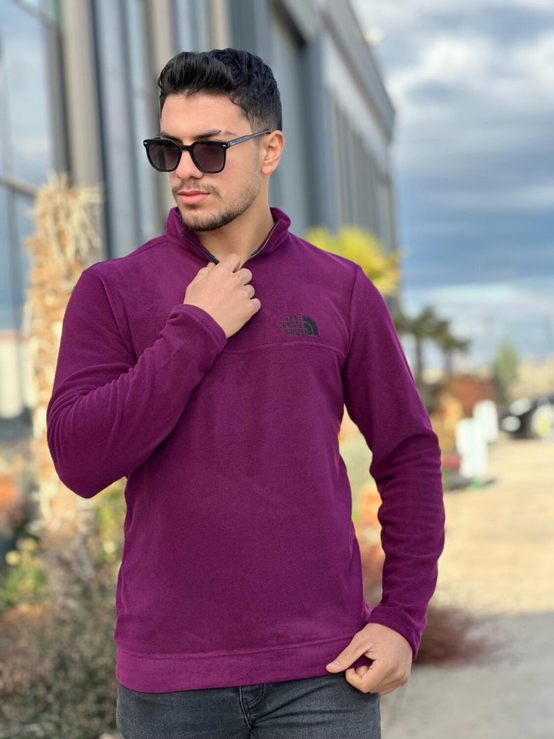 Cherry Rot Unisex Embroidered Stand Collar Half Zip Fleece Sweatshirt - 2321