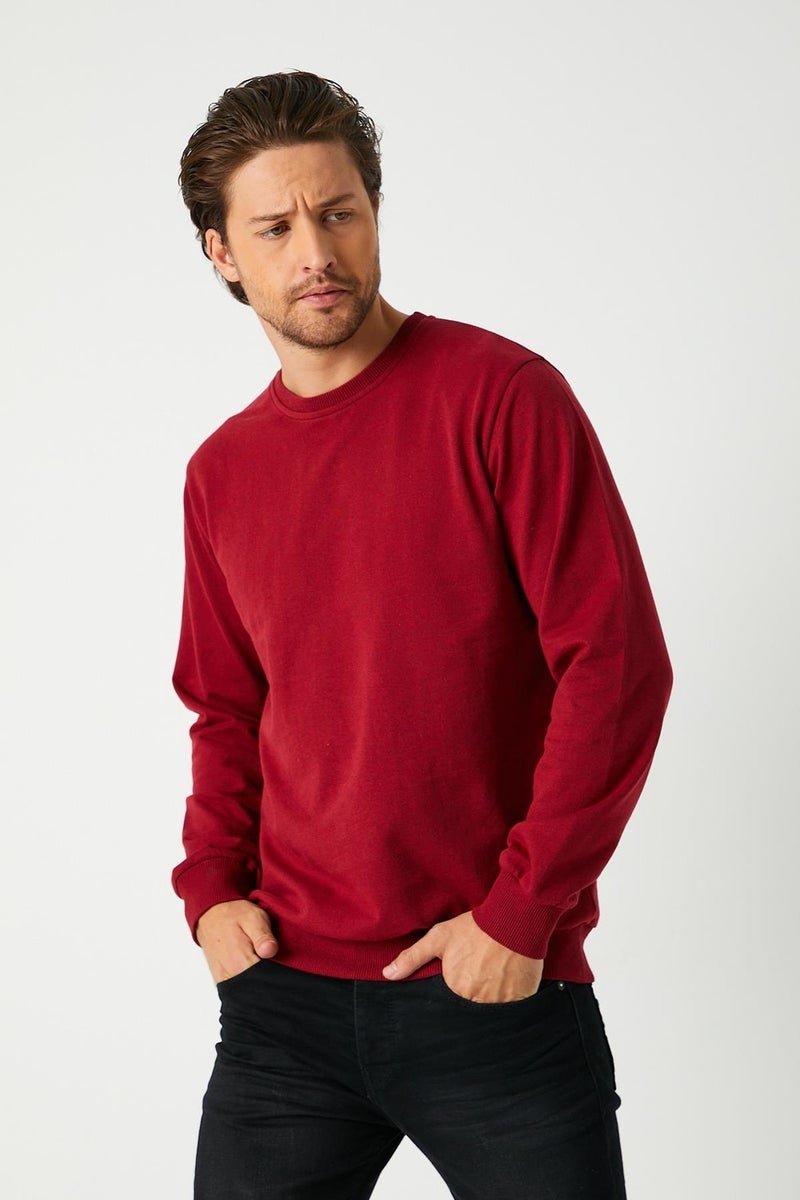 Men's Claret Red Basic Crew Neck Sweatshirt