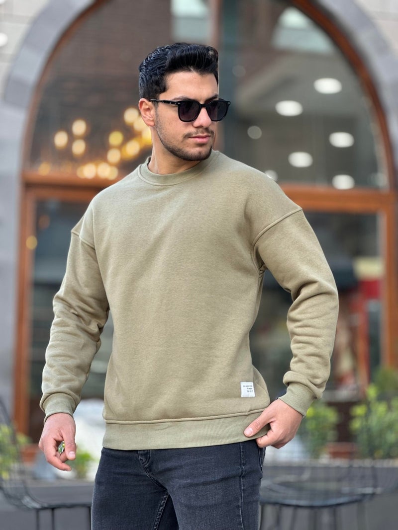 Khaki Unisex Three Thread Ribbed Crew Neck Oversize Sweatshirt