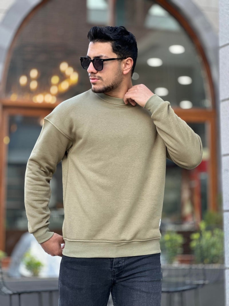 Khaki Unisex Three Thread Ribbed Crew Neck Oversize Sweatshirt