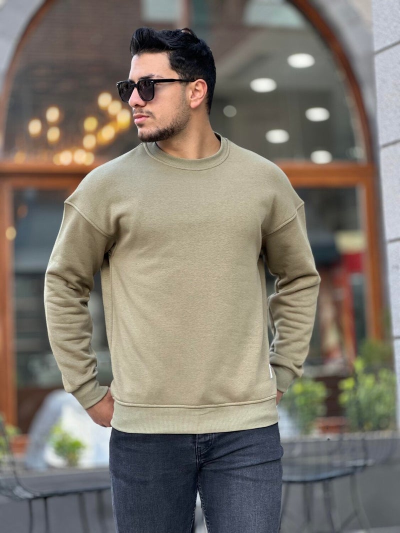 Khaki Unisex Three Thread Ribbed Crew Neck Oversize Sweatshirt