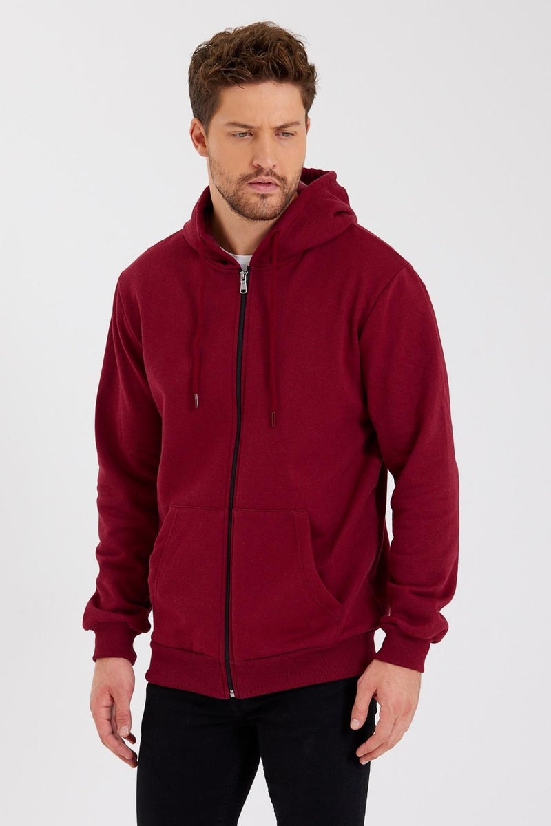 Metalic Claret Red Kangaroo Pocket Hooded Zippered Cotton Inside Men's Sweatshirt