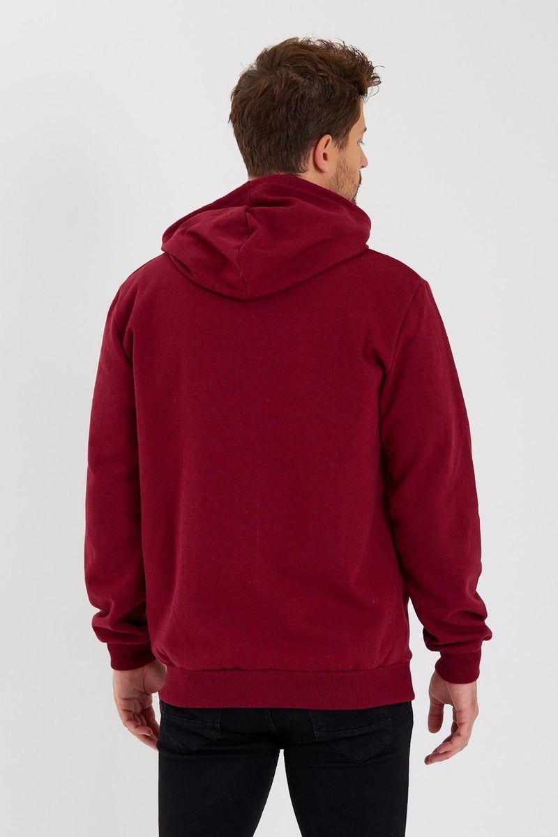 Metalic Claret Red Kangaroo Pocket Hooded Zippered Cotton Inside Men's Sweatshirt