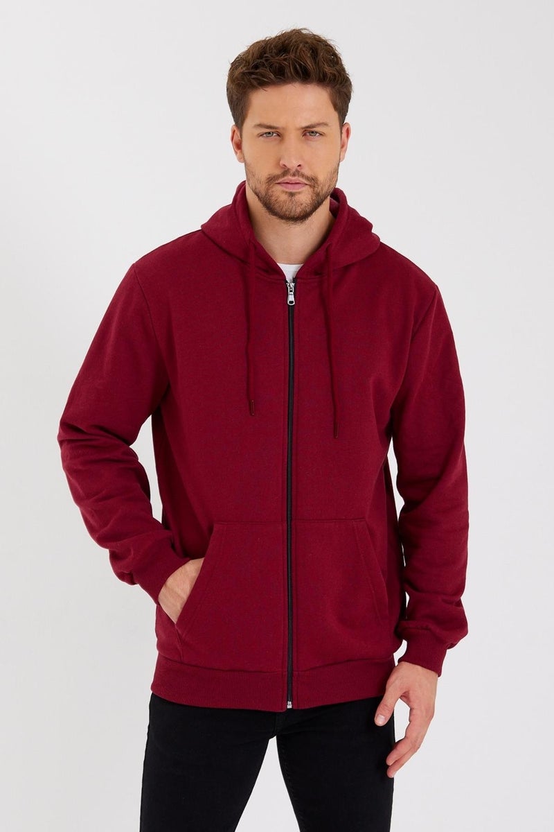 Metalic Claret Red Kangaroo Pocket Hooded Zippered Cotton Inside Men's Sweatshirt