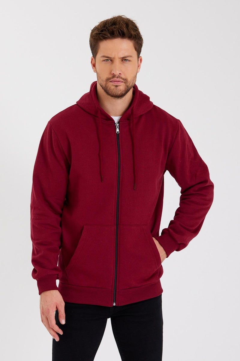 Metalic Claret Red Kangaroo Pocket Hooded Zippered Cotton Inside Men's Sweatshirt