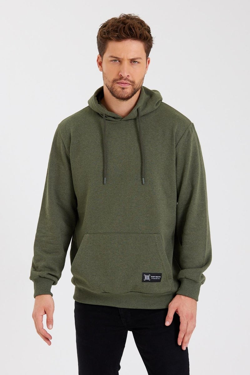 Khaki Kangaroo Pocket Hooded Men's Cotton Sweatshirt