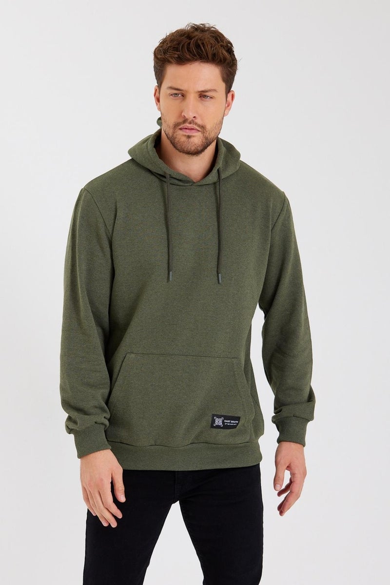 Khaki Kangaroo Pocket Hooded Men's Cotton Sweatshirt