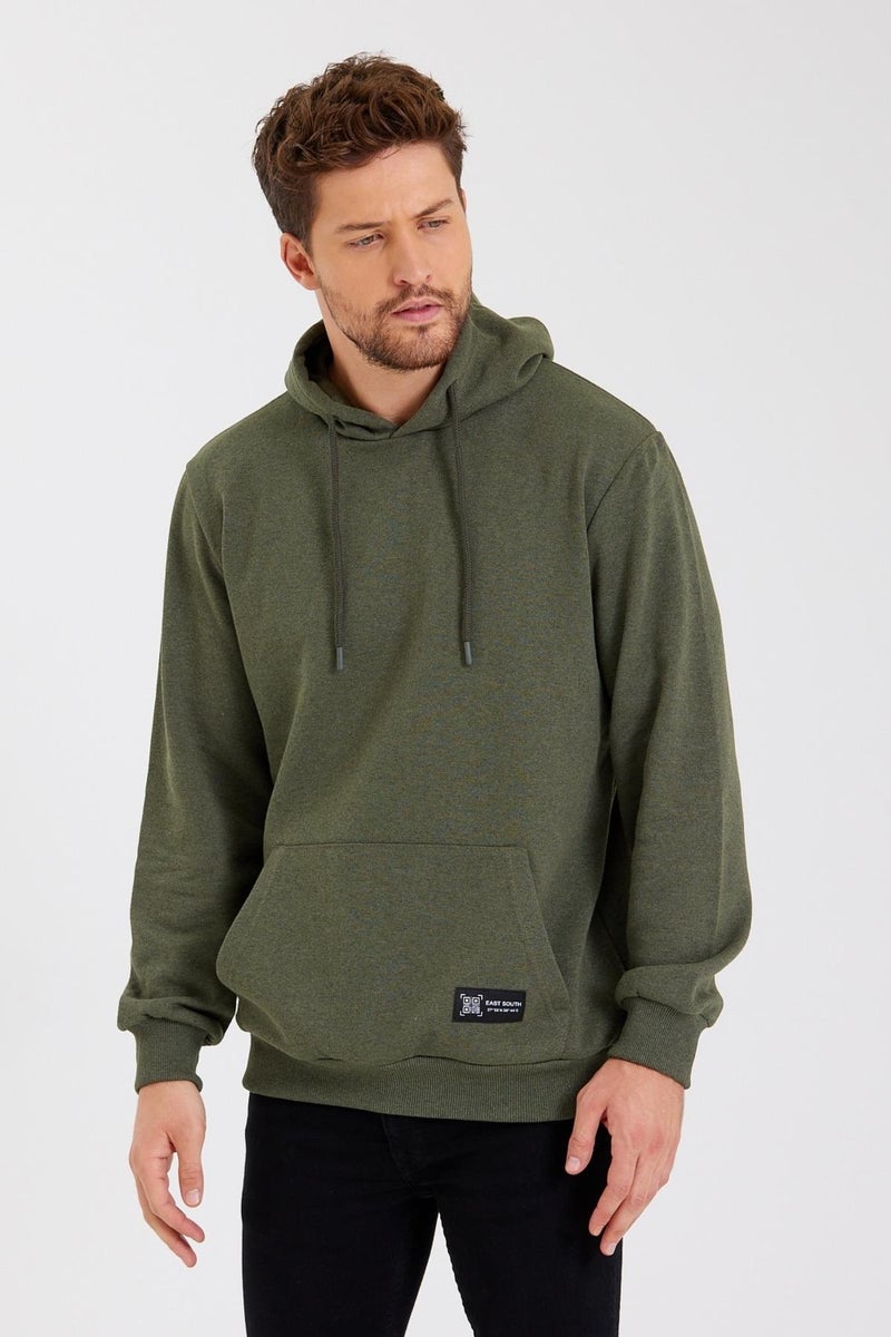 Khaki Kangaroo Pocket Hooded Men's Cotton Sweatshirt