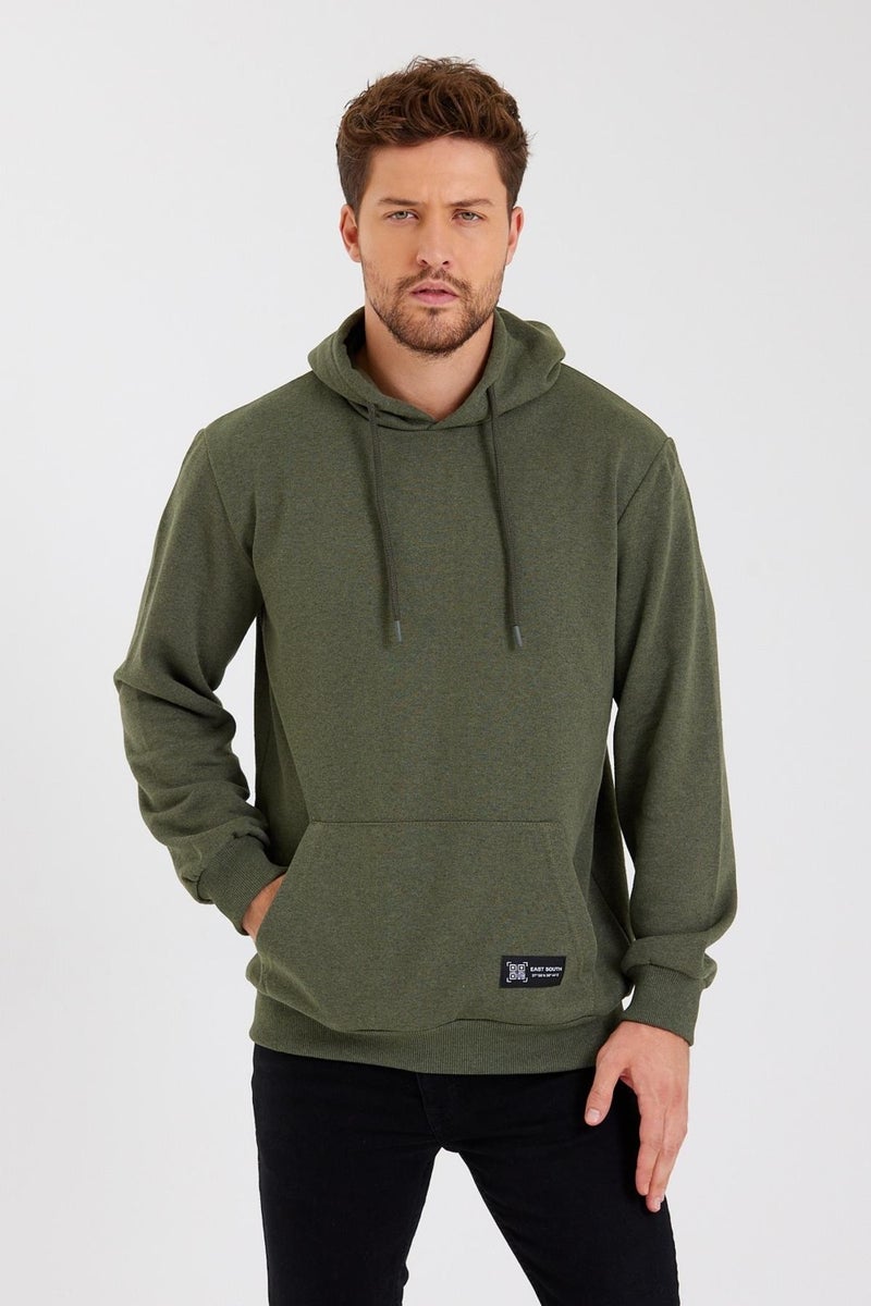 Khaki Kangaroo Pocket Hooded Men's Cotton Sweatshirt