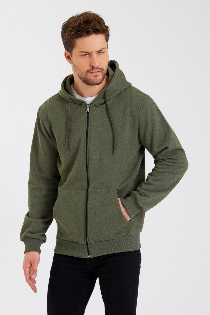 Metalic Khaki Kangaroo Pocket Hooded Zippered Cotton Inside Men's Sweatshirt