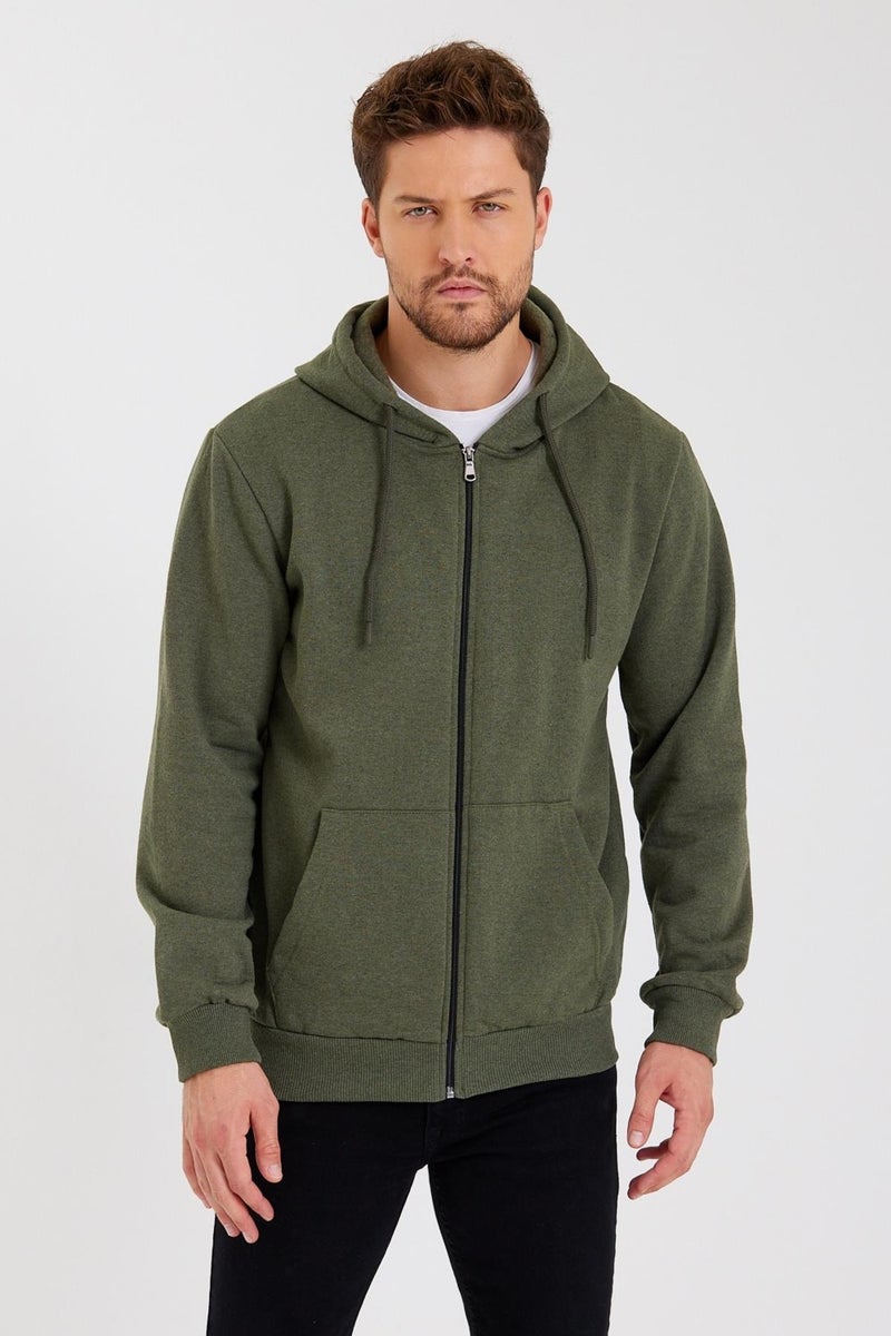 Metalic Khaki Kangaroo Pocket Hooded Zippered Cotton Inside Men's Sweatshirt