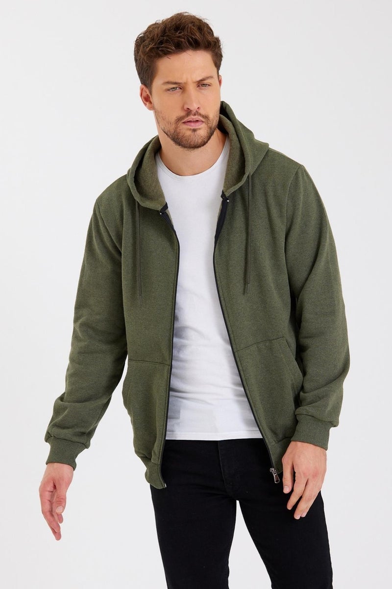 Metalic Khaki Kangaroo Pocket Hooded Zippered Cotton Inside Men's Sweatshirt