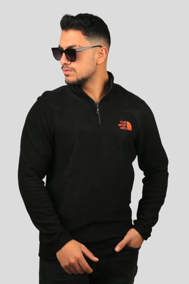 Black Embroidered High Collar Half Zipper Fleece Sweatshirt