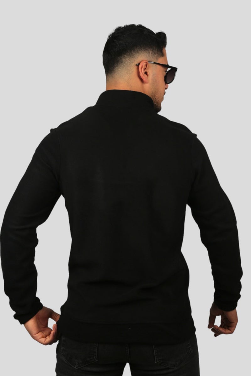 Black Embroidered High Collar Half Zipper Fleece Sweatshirt