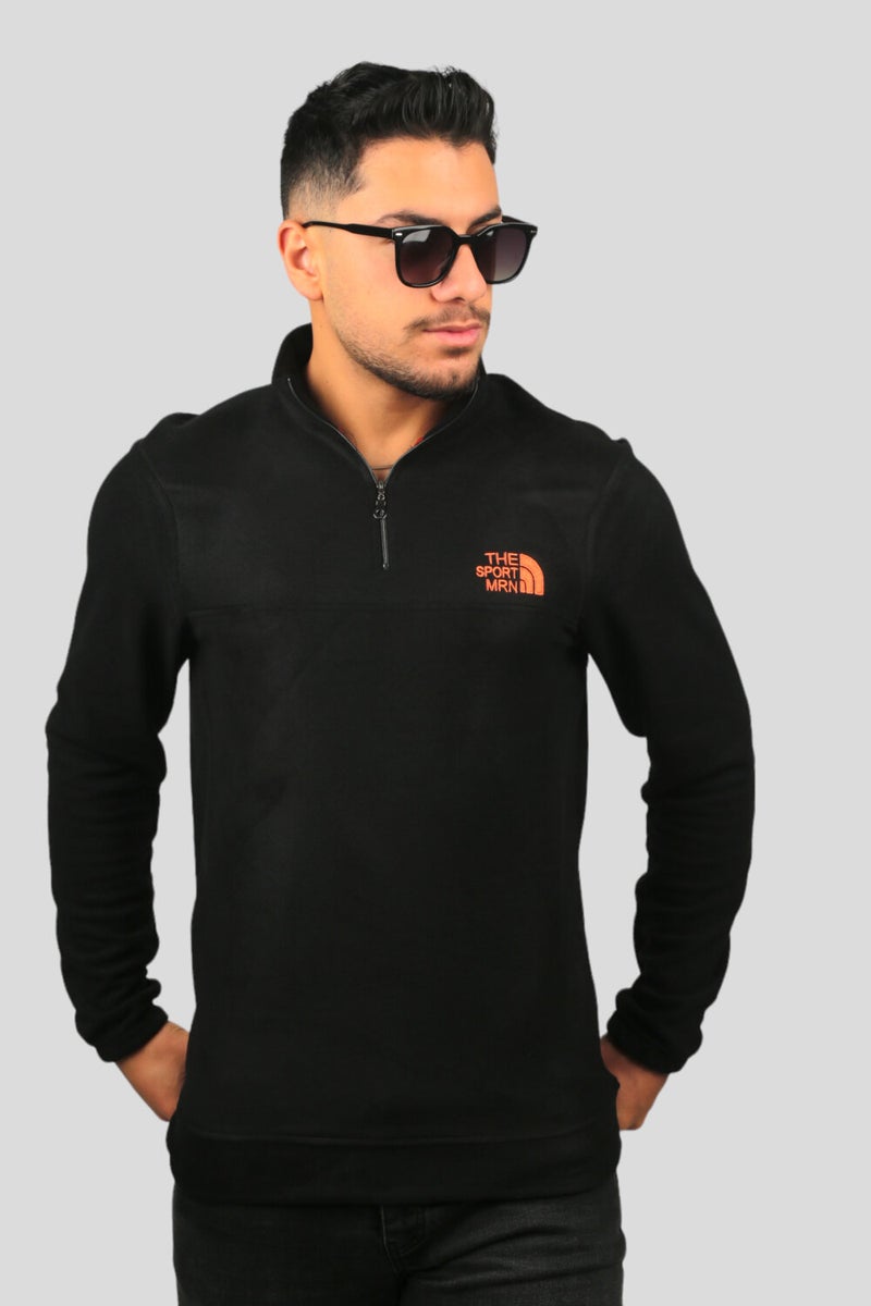 Black Embroidered High Collar Half Zipper Fleece Sweatshirt