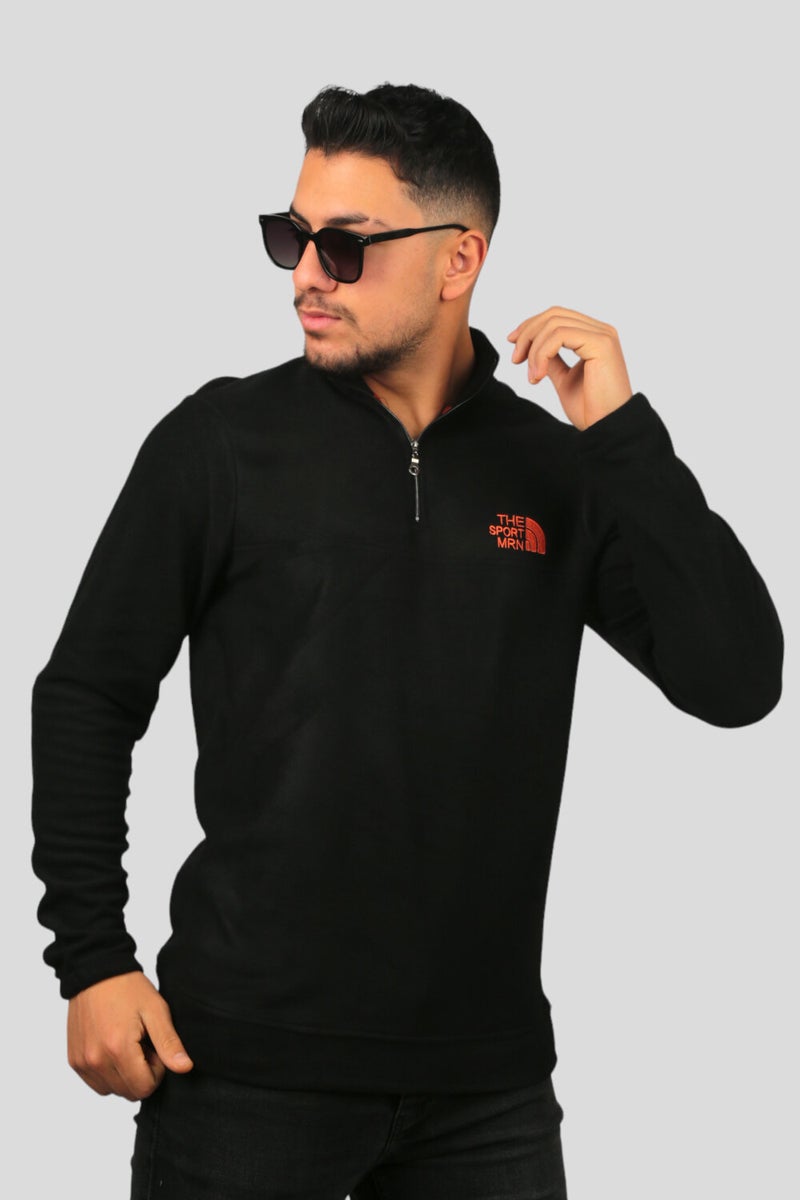 Black Embroidered High Collar Half Zipper Fleece Sweatshirt