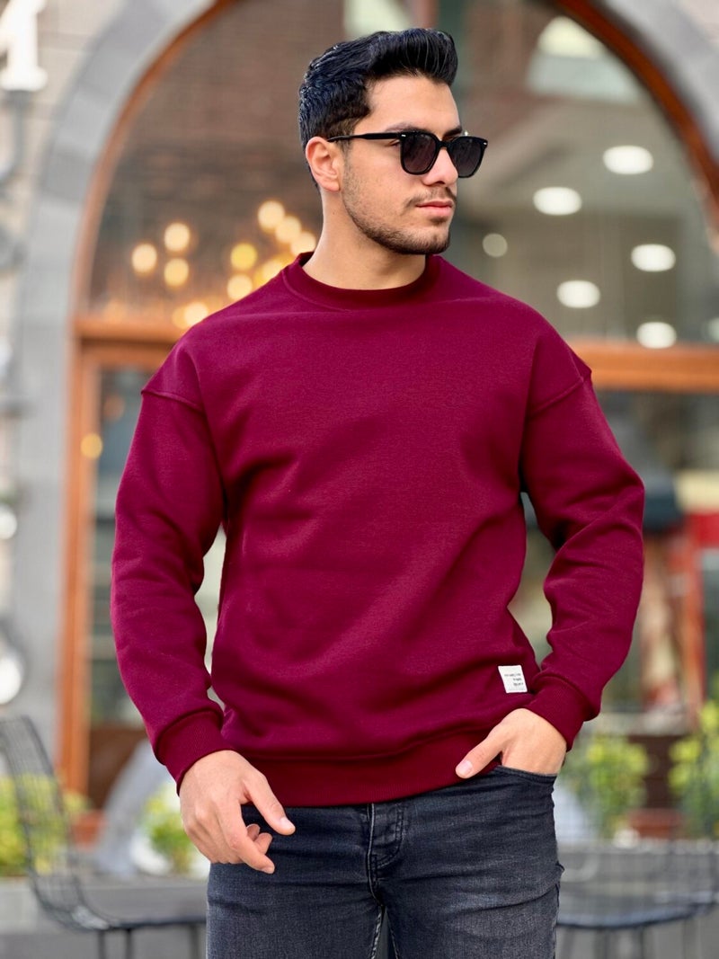 Claret Red Unisex Three Thread Ribbed Crew Neck Oversize Sweatshirt