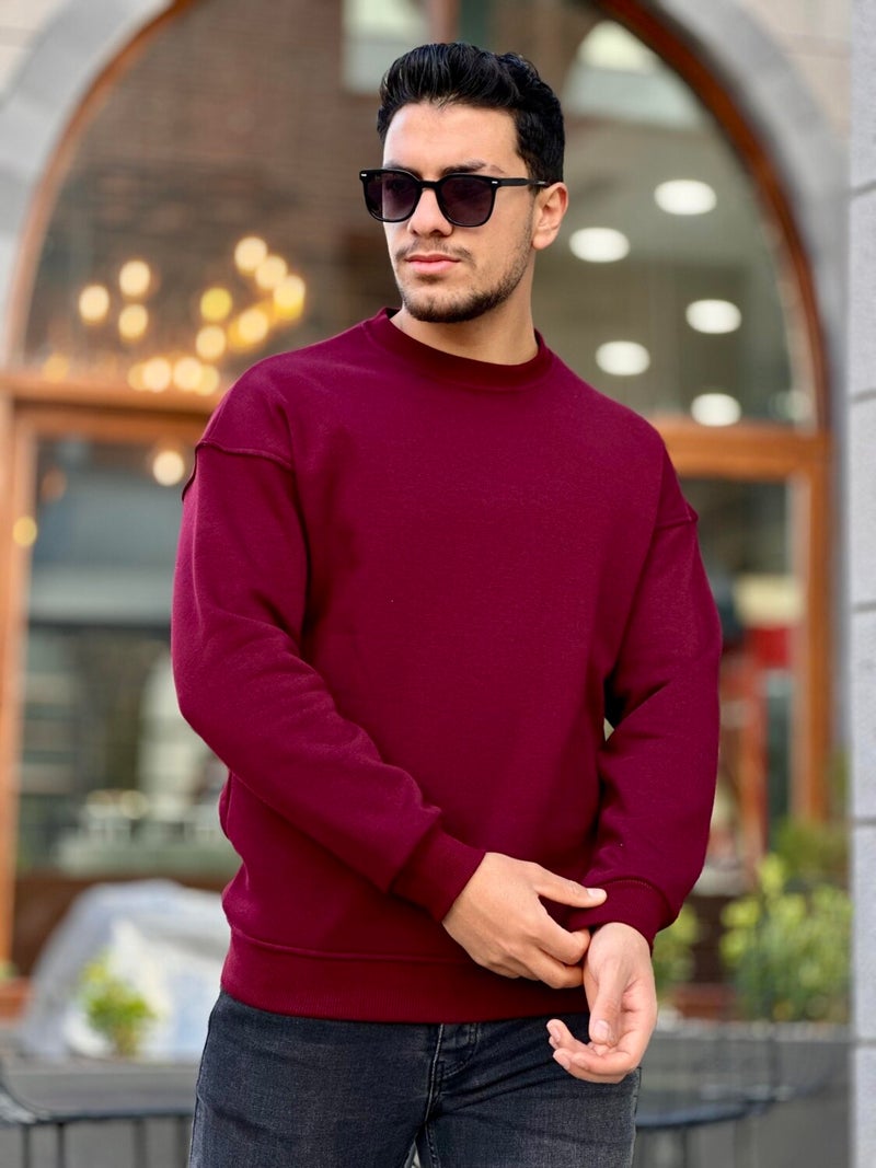 Claret Red Unisex Three Thread Ribbed Crew Neck Oversize Sweatshirt