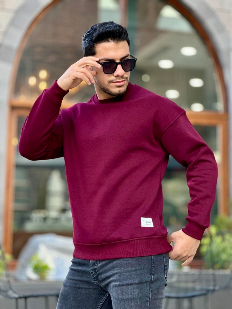 Claret Red Unisex Three Thread Ribbed Crew Neck Oversize Sweatshirt