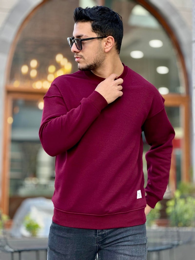 Claret Red Unisex Three Thread Ribbed Crew Neck Oversize Sweatshirt