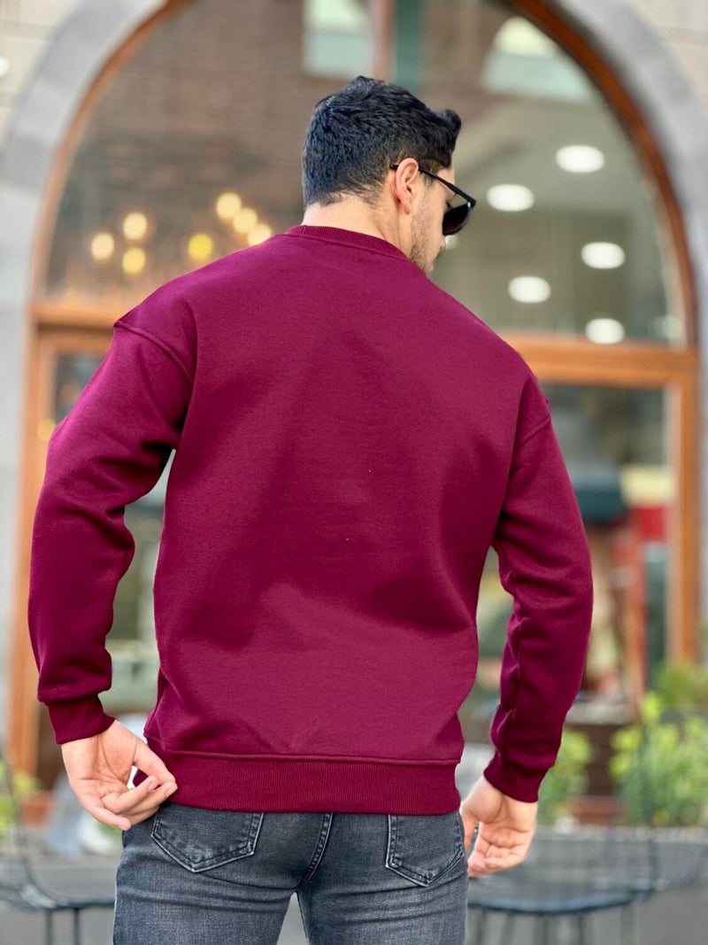 Claret Red Unisex Three Thread Ribbed Crew Neck Oversize Sweatshirt