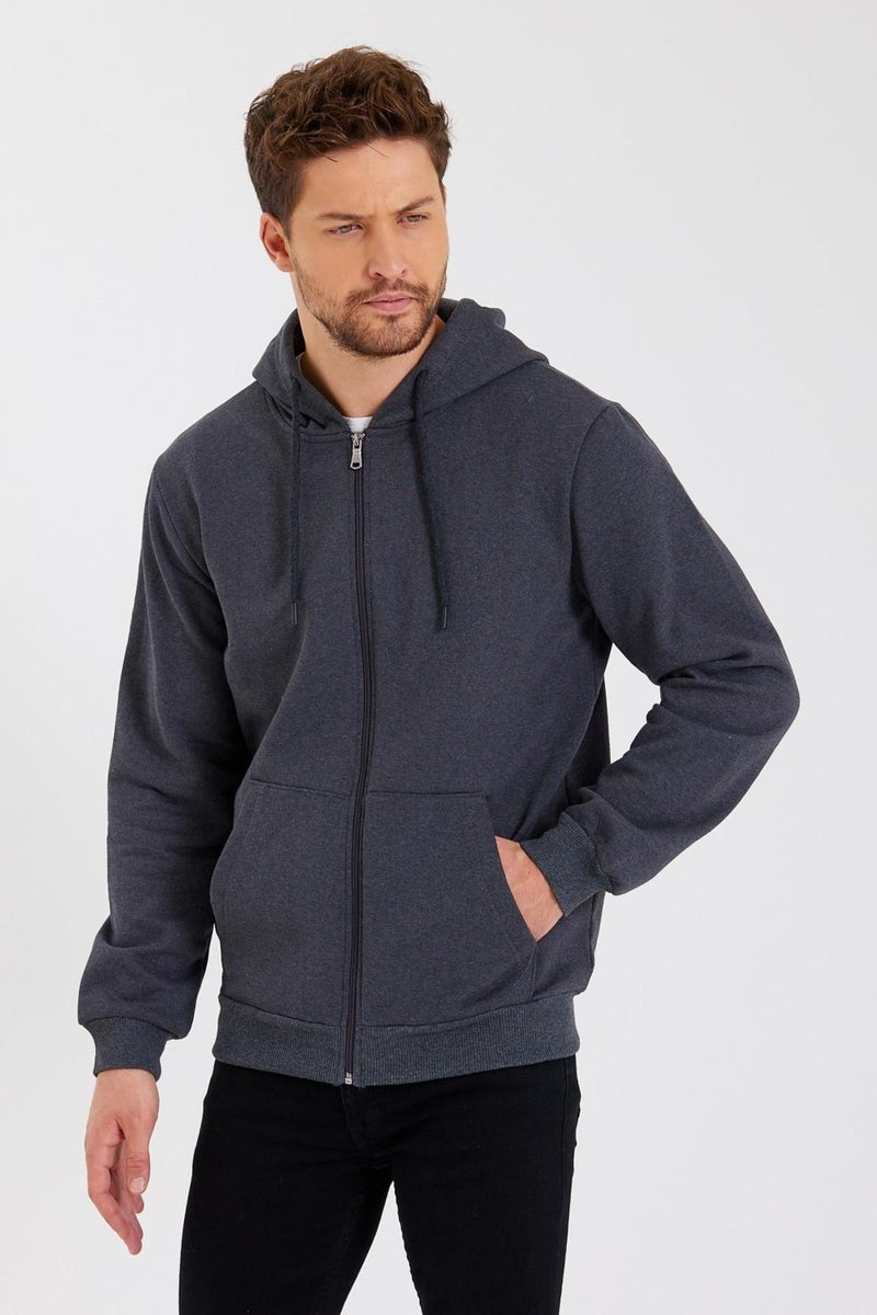 Metalic Anthracite Kangaroo Pocket Hooded Zippered Cotton Inside Men's Sweatshirt