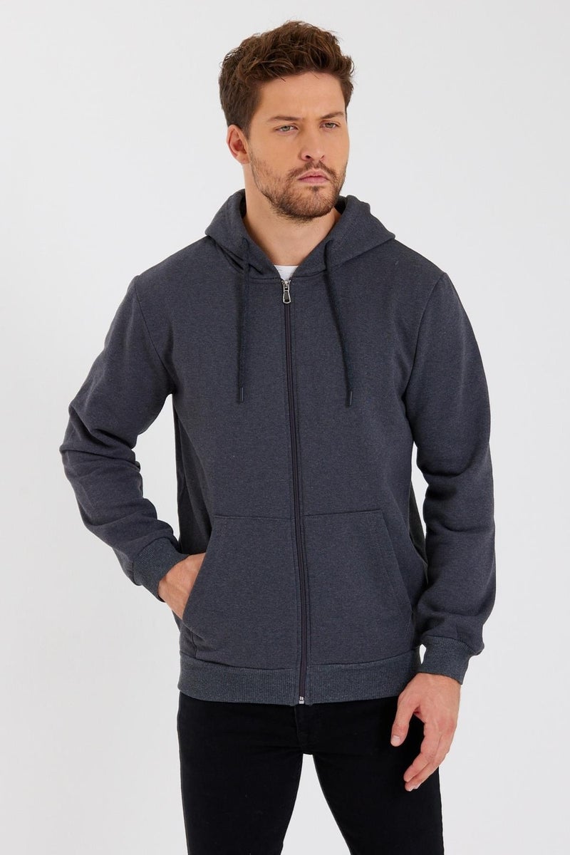 Metalic Anthracite Kangaroo Pocket Hooded Zippered Cotton Inside Men's Sweatshirt