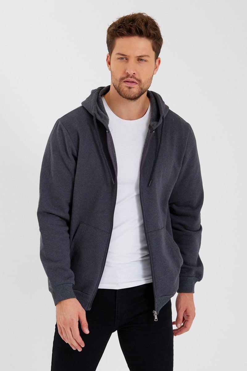 Metalic Anthracite Kangaroo Pocket Hooded Zippered Cotton Inside Men's Sweatshirt