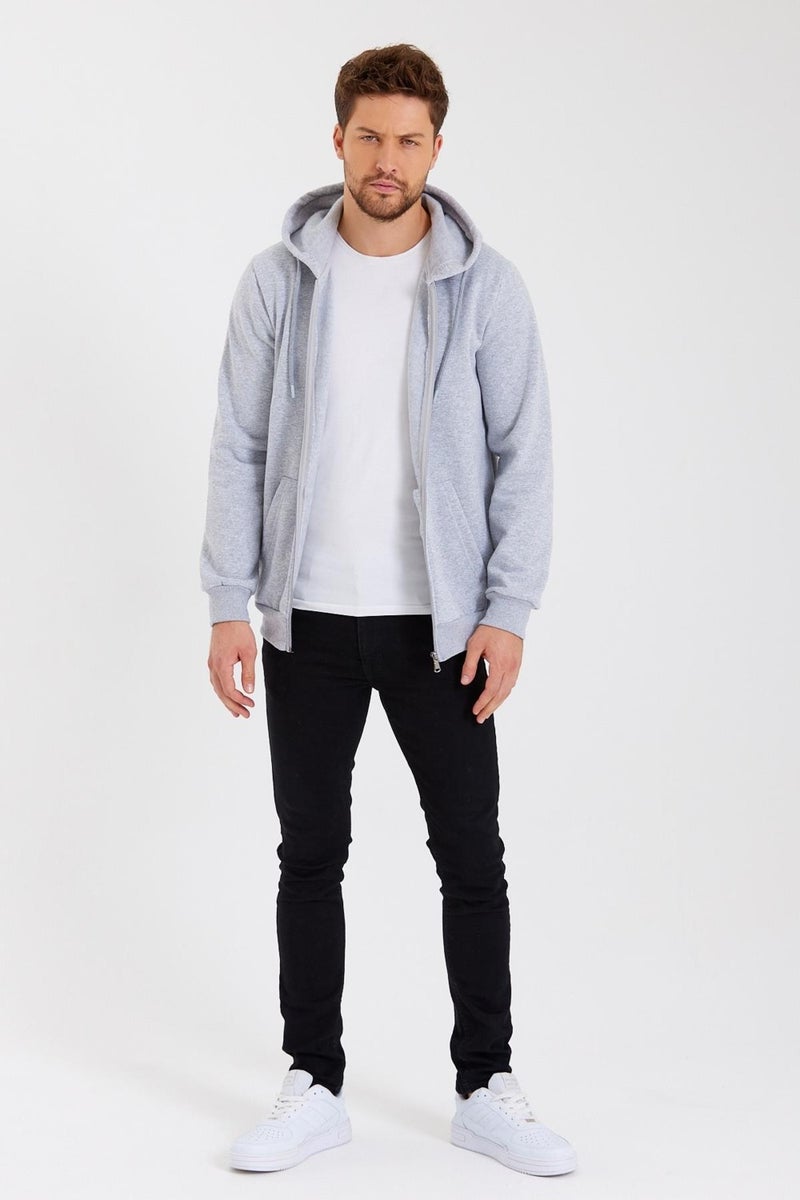 Metalic Grey Kangaroo Pocket Hooded Zippered Cotton Inside Men's Sweatshirt