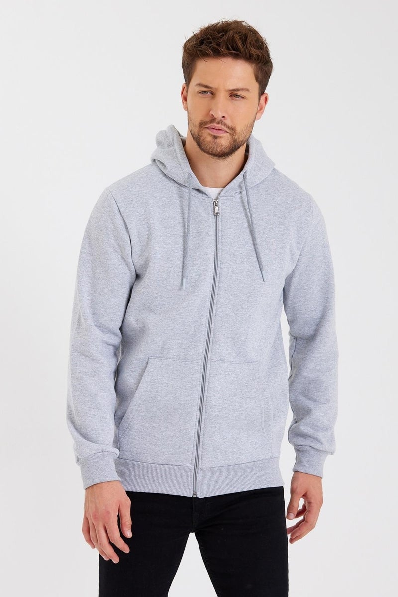 Metalic Grey Kangaroo Pocket Hooded Zippered Cotton Inside Men's Sweatshirt