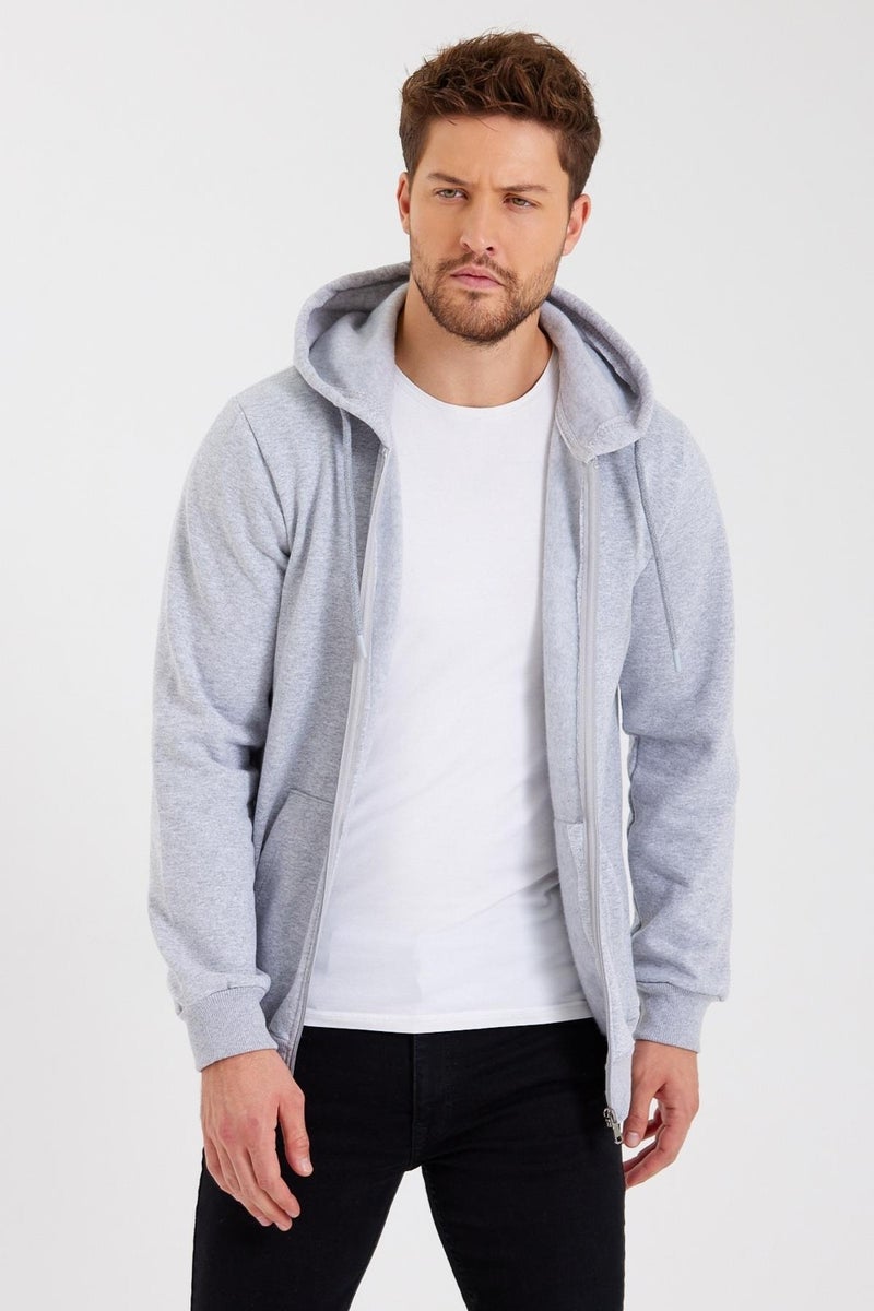 Metalic Grey Kangaroo Pocket Hooded Zippered Cotton Inside Men's Sweatshirt