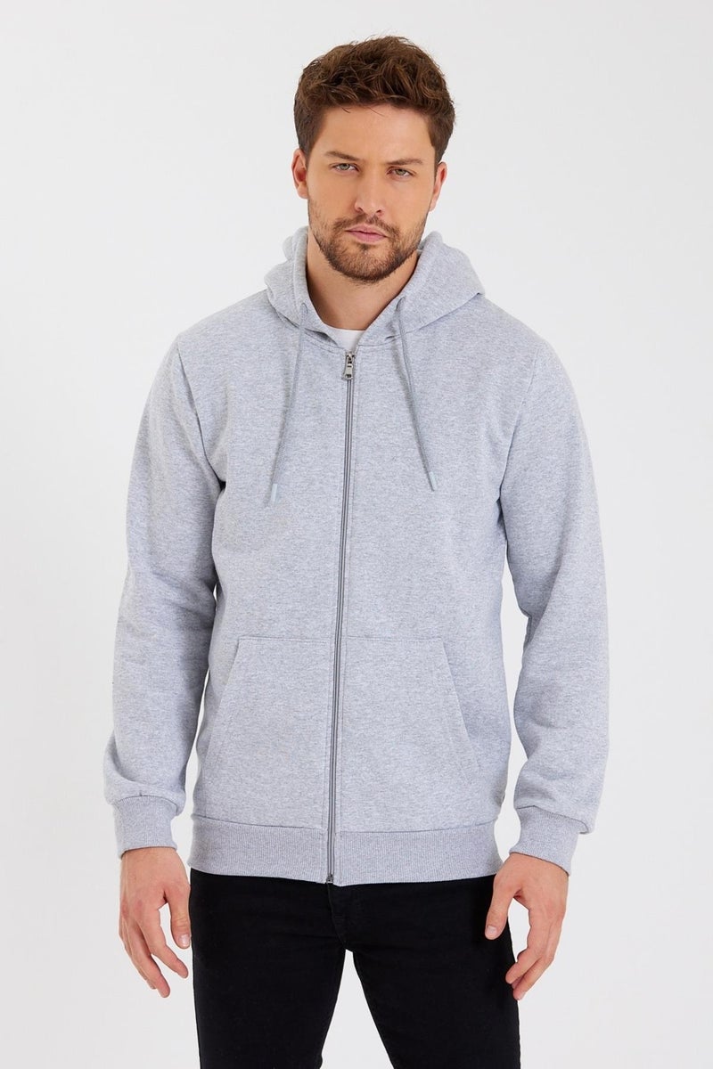 Metalic Grey Kangaroo Pocket Hooded Zippered Cotton Inside Men's Sweatshirt