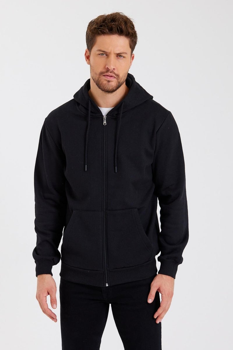 Metalic Black Kangaroo Pocket Hooded Zippered Cotton Inside Men's Sweatshirt