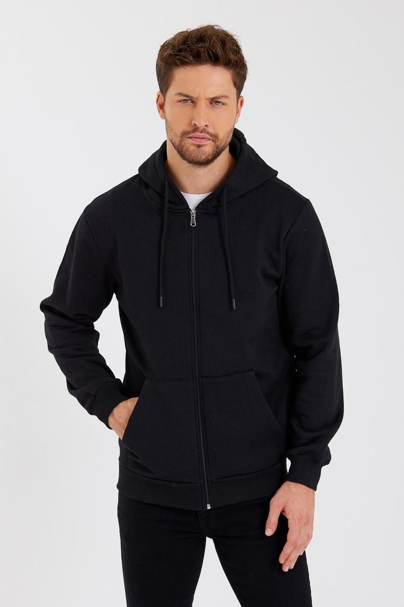 Metalic Black Kangaroo Pocket Hooded Zippered Cotton Inside Men's Sweatshirt