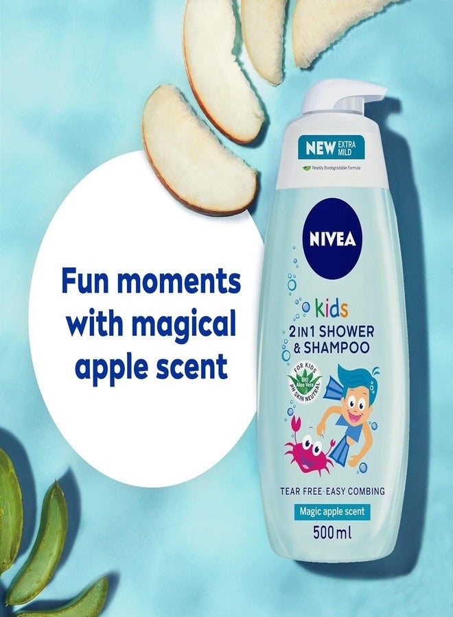 NIVEA 3-in-1 Kids Shower Gel & Shampoo with Bio Aloe Vera & Apple Scent - 500ml