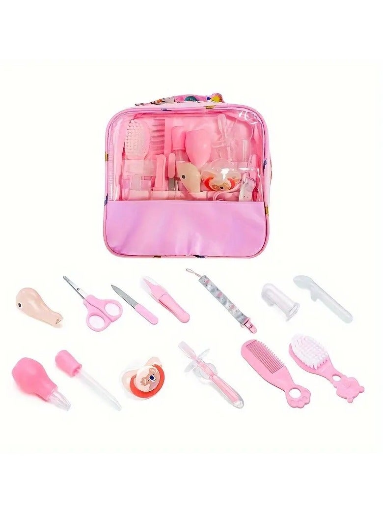 13-Piece Portable Healthcare and Grooming Kit, 13-in-1 Safety Care Set with Nasal Cleaner, Tongue Cleaning Brush and More Pink