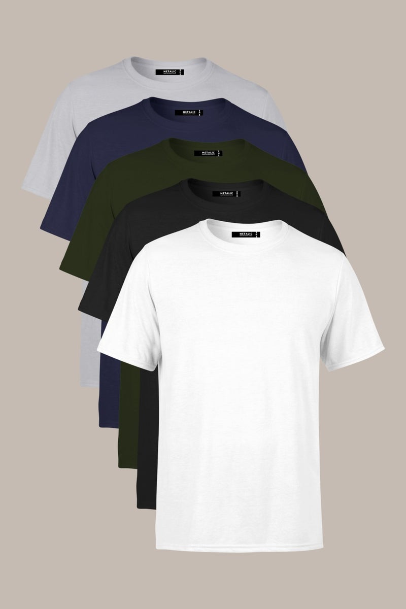 Metalıc Men's Multicolored T-Shirt Regular Fit Relaxed Cut Crew Neck 5-Piece Basic T-Shirt Pack