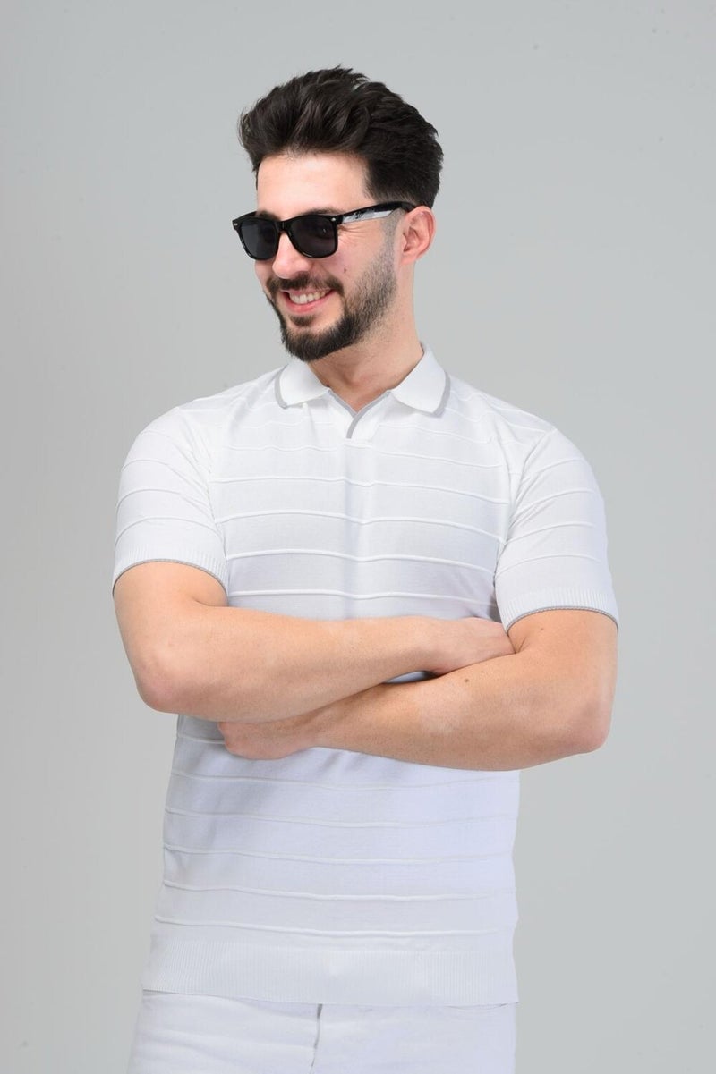 White Embossed Stripe Polo Neck Knitwear T-Shirt