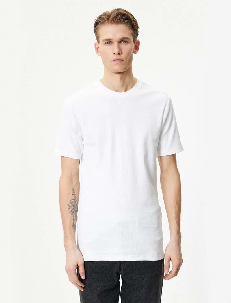 Corded T-Shirt Textured Crew Neck Short Sleeve Cotton - - 4SAM10272HK - White - Xxl