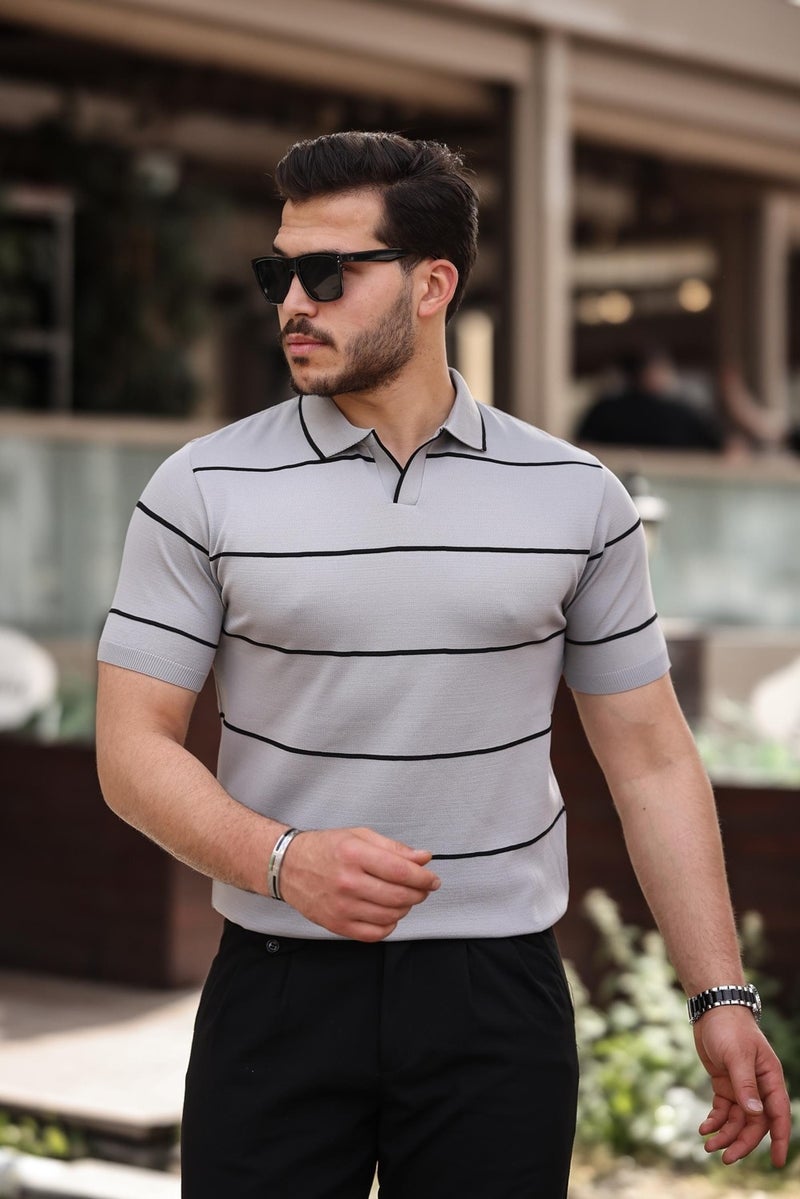 Gray Striped Knitwear Polo Neck T-Shirt - 2427