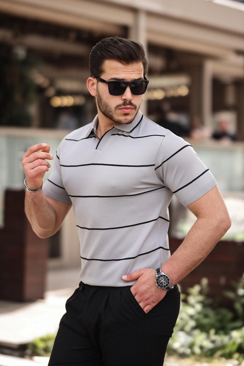 Gray Striped Knitwear Polo Neck T-Shirt - 2427