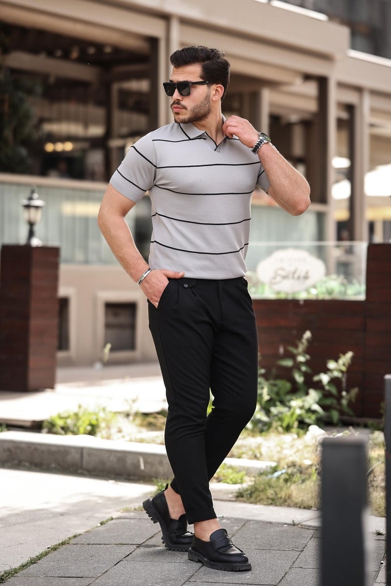 Gray Striped Knitwear Polo Neck T-Shirt - 2427