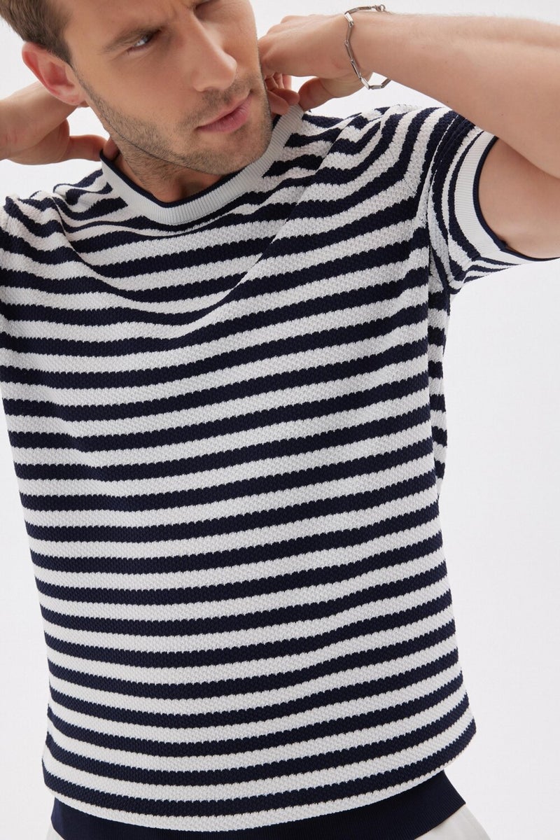 Limited Men's Striped Short Sleeve Crew Neck Rayon Knit T-shirt Navy Blue