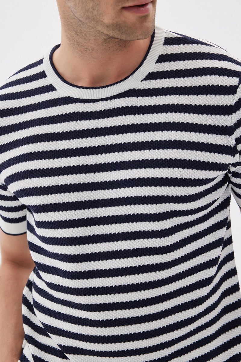 Limited Men's Striped Short Sleeve Crew Neck Rayon Knit T-shirt Navy Blue