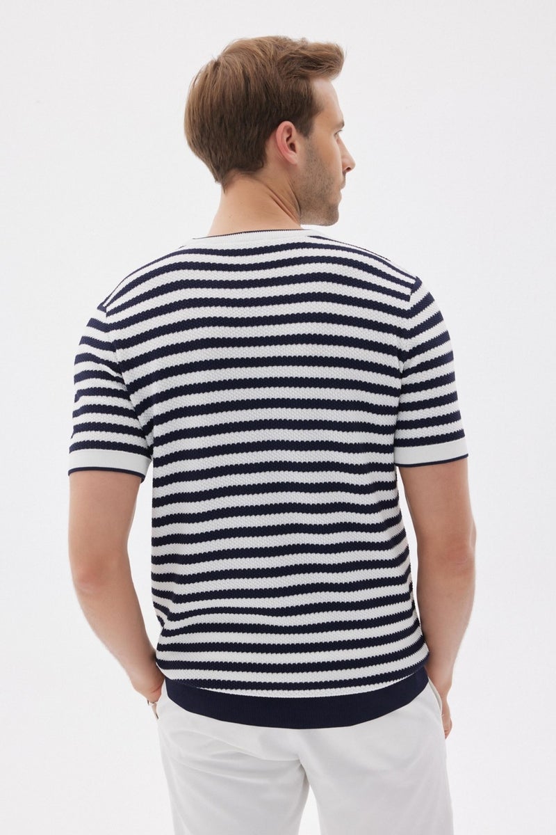 Limited Men's Striped Short Sleeve Crew Neck Rayon Knit T-shirt Navy Blue