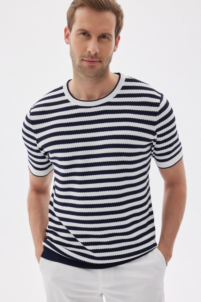 Limited Men's Striped Short Sleeve Crew Neck Rayon Knit T-shirt Navy Blue