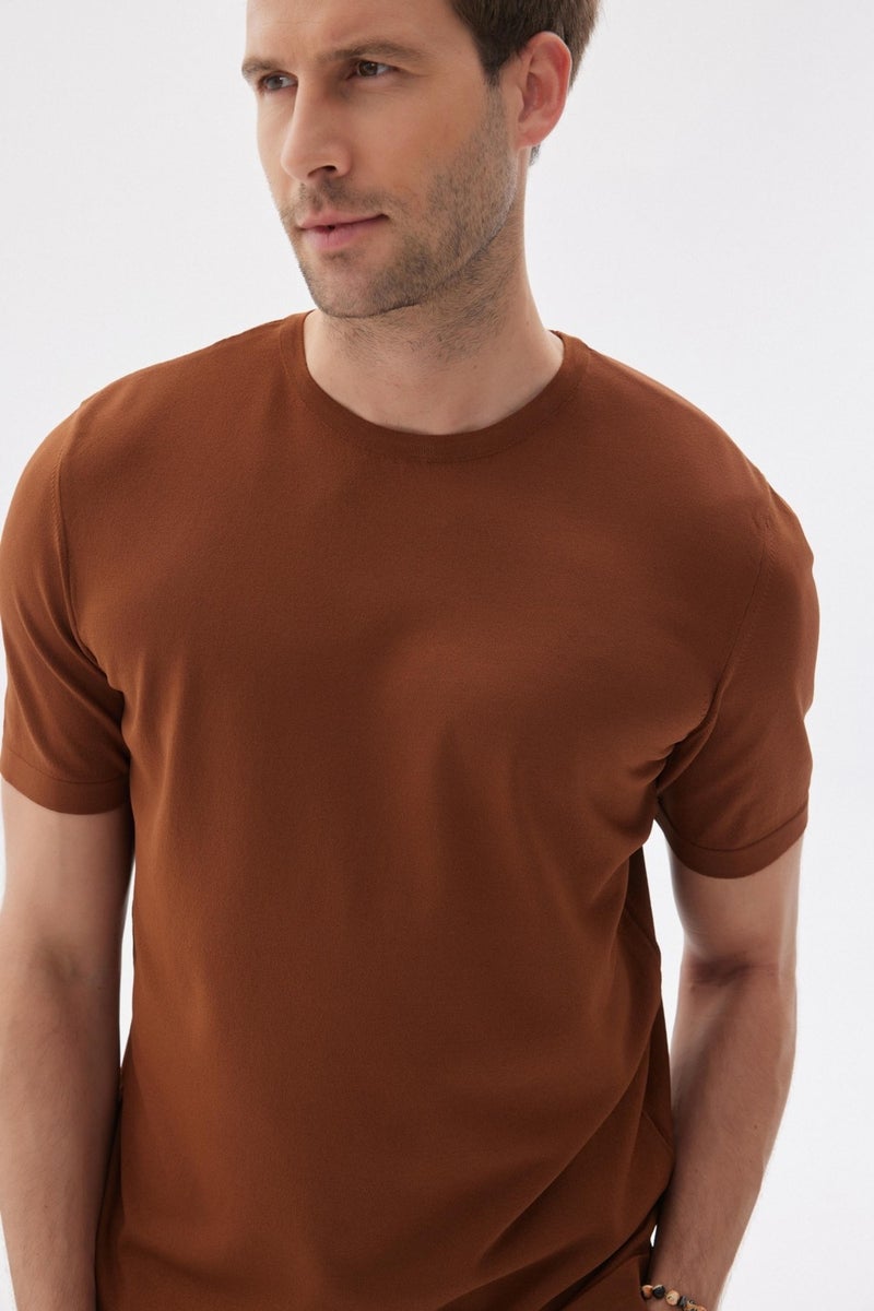 Limited Men's Plain Short Sleeve Rayon Knitwear T-Shirt Brown