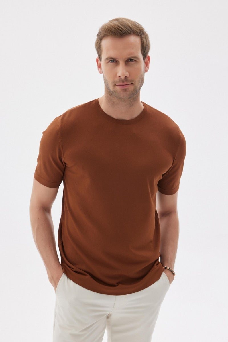 Limited Men's Plain Short Sleeve Rayon Knitwear T-Shirt Brown