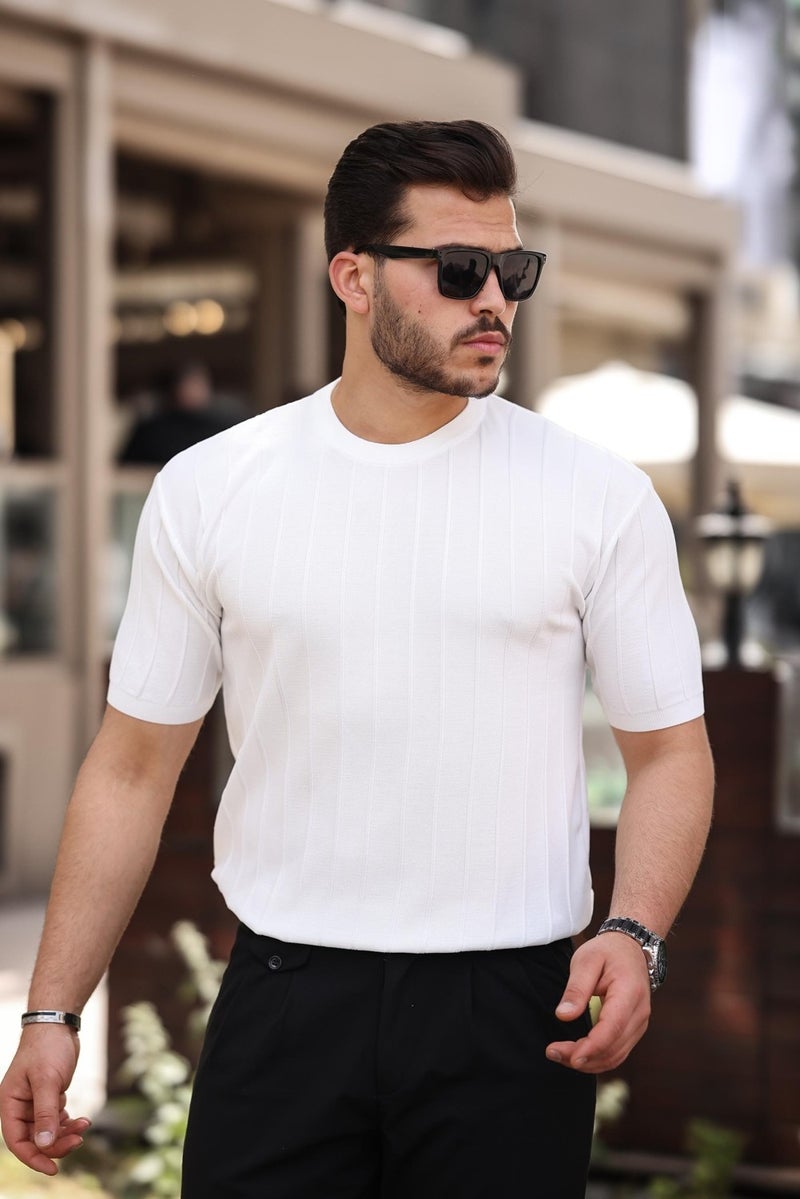 White Crew Neck Embossed Knitwear Short Sleeve T-Shirt - 2430