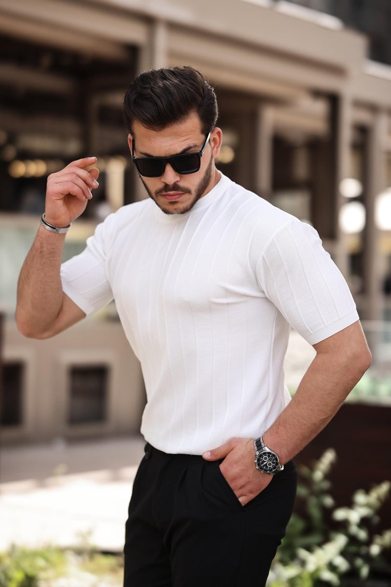 White Crew Neck Embossed Knitwear Short Sleeve T-Shirt - 2430